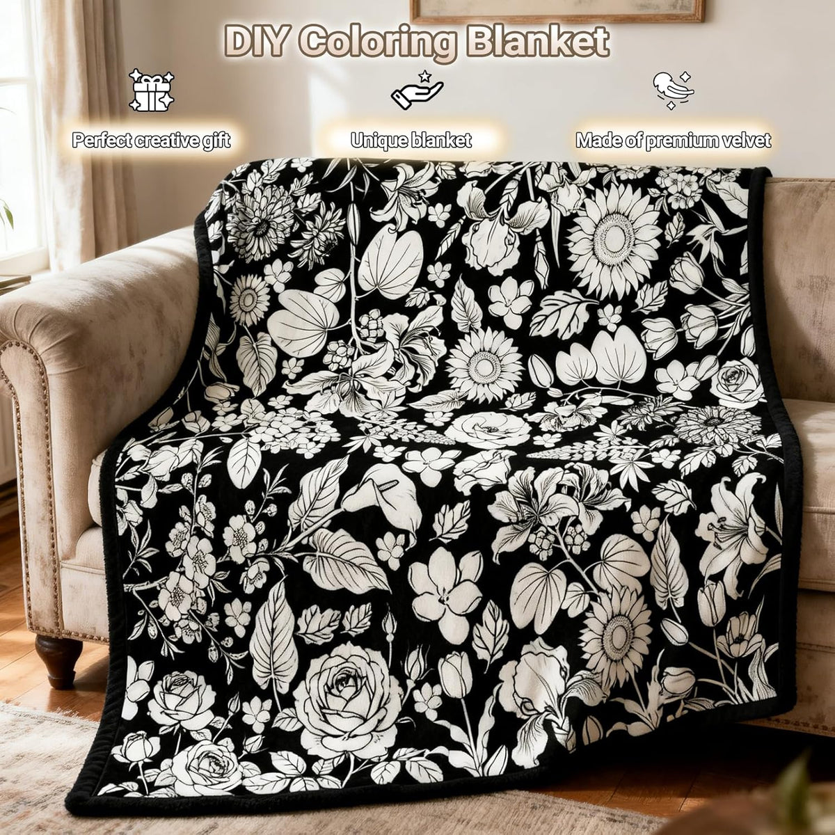 DIY Coloring Blanket for Adults, Color Your Own Velvet Blanket with 24 Washable Markers, Soft Cozy Coloring Kit for Home Decor & Daily Use, Unique Birthday Gift (Christmas)